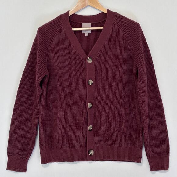 Chunky Waffle Knit V-Neck Preppy Casual Cardigan Men's Burgundy Medium - Picture 1 of 7